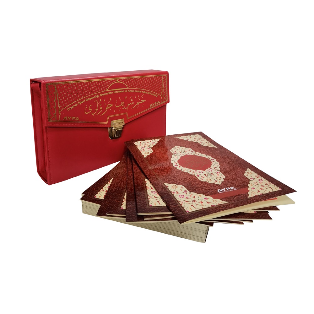 235K-KIRMIZI-RAHLE BOY OTUZ CÜZ MÜHÜRLÜ KURAN-I KERİM-SUNİ DERİ ÇANTALI