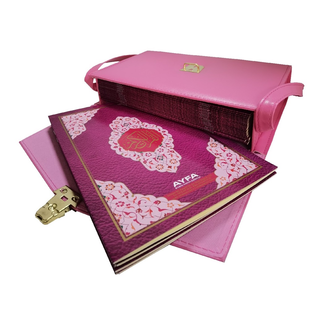 235P-PEMBE-RAHLE BOY OTUZ CÜZ MÜHÜRLÜ KURAN-I KERİM-SUNİ DERİ ÇANTALI