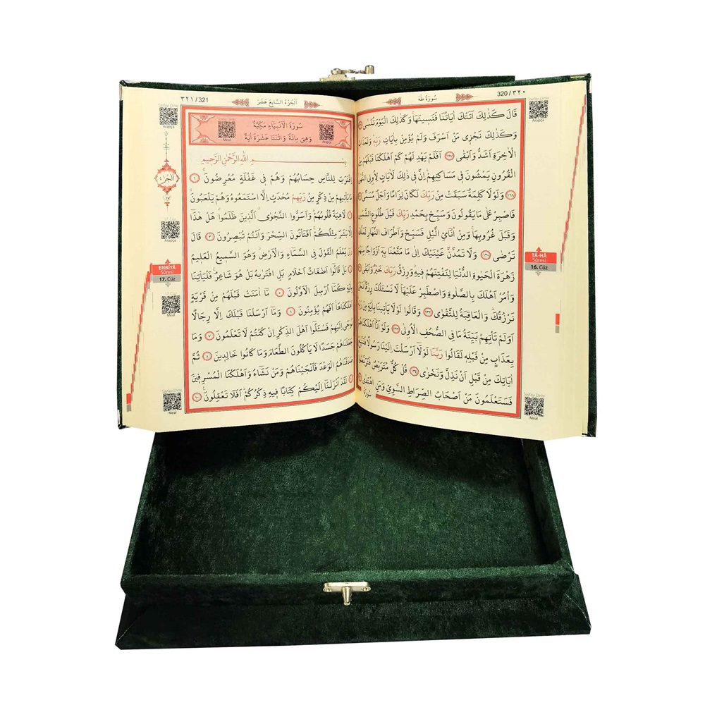 289YEŞİL-MÜHÜRLÜ ORTA BOY SANDIKLI KADİFE KURAN-I KERİM