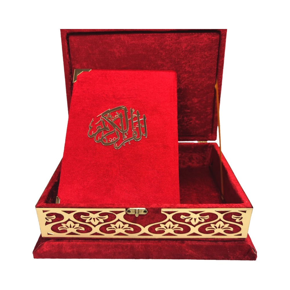PL279-ÖZEL PLEKSİLİ MÜHÜRLÜ ORTA BOY BÜZGÜLÜ SANDIKLI KADİFE KURAN-I KERİM