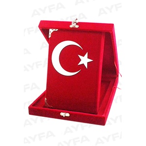 189BAYRAK-MÜHÜRLÜ ORTA BOY PLAKETLİ KADİFE KURAN-I KERİM-AY YILDIZ DESENLİ