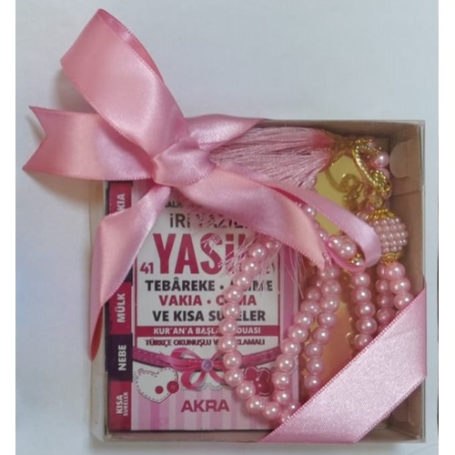 214P-MİNİ BOY YASİN-İ ŞERİF-128 SAYFA İNCİ TESBİHLİ KARE KORDELALI KUTU SET-PEMBE RENK