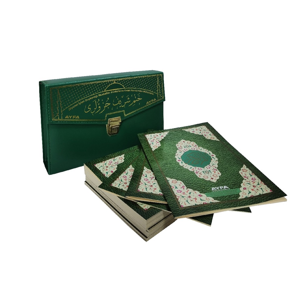 235Y-YEŞİL-RAHLE BOY OTUZ CÜZ MÜHÜRLÜ KURAN-I KERİM-SUNİ DERİ ÇANTALI