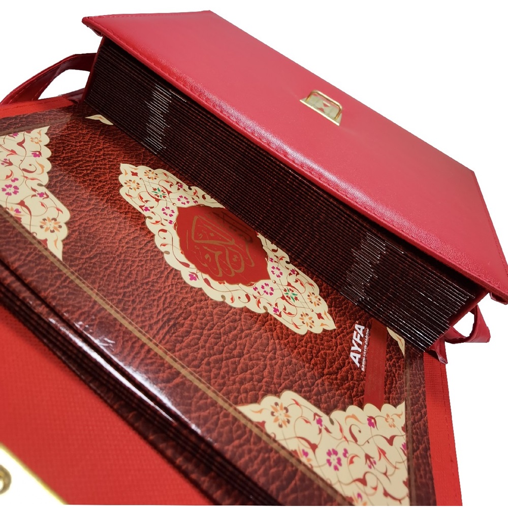 236KIRMIZI-CAMİ BOY OTUZ CÜZ MÜHÜRLÜ KURAN-I KERİM-SUNİ DERİ ÇANTALI