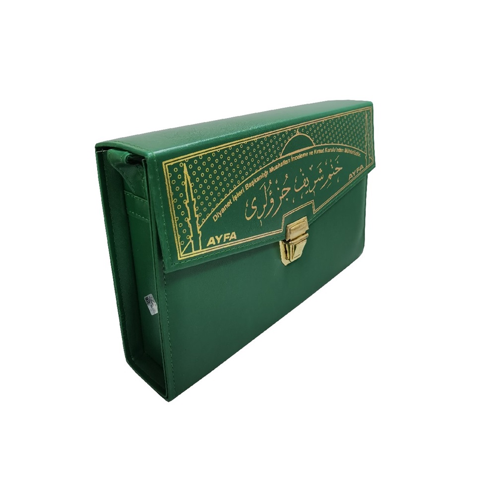 236YEŞİL-CAMİ BOY OTUZ CÜZ MÜHÜRLÜ KURAN-I KERİM-SUNİ DERİ ÇANTALI